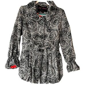 Betsey Johnson Black Rose Garden Tweed Jacket Coat Blazer Wool Blend, Sz 8